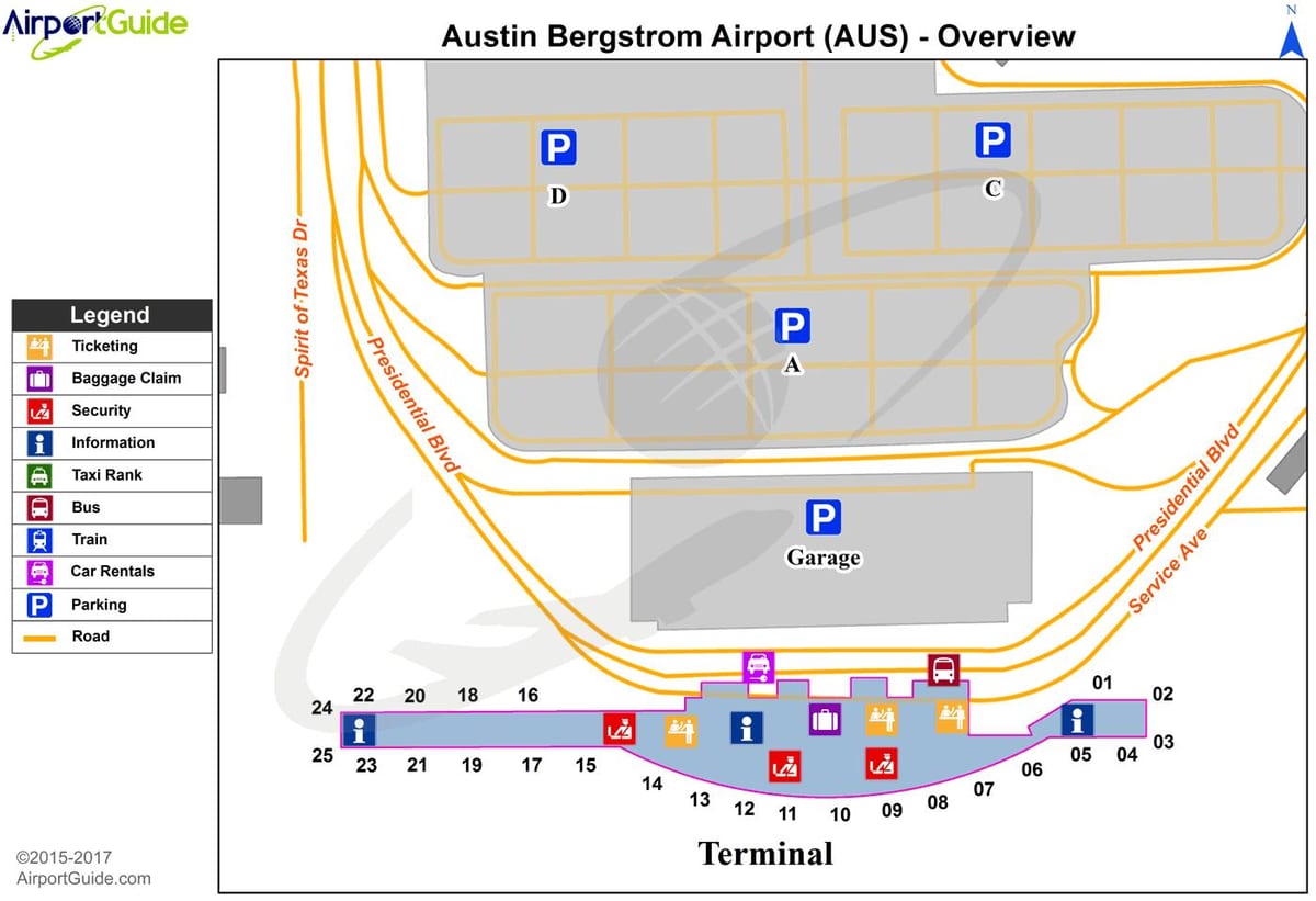 Austin-Bergstrom international airport kartta